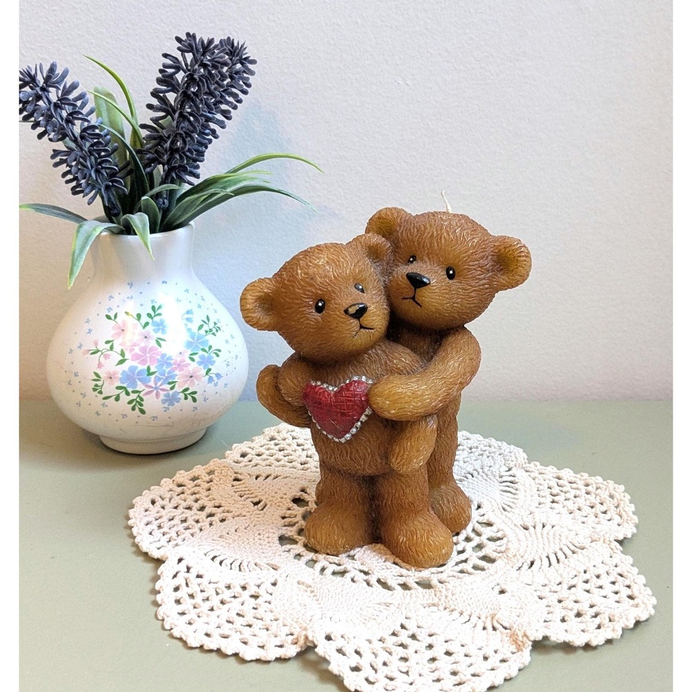 Vintage Teddy Bear Candle | Hugging Bears Holding Heart | Romantic Decor